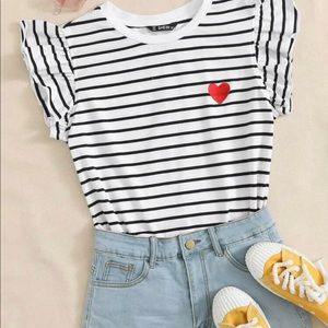 Black and white stripe ruffle sleeve kidcore tee with heart